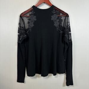 Free People Daniella Embroidered Illusion Top Black Long Sleeve XS Extra Small